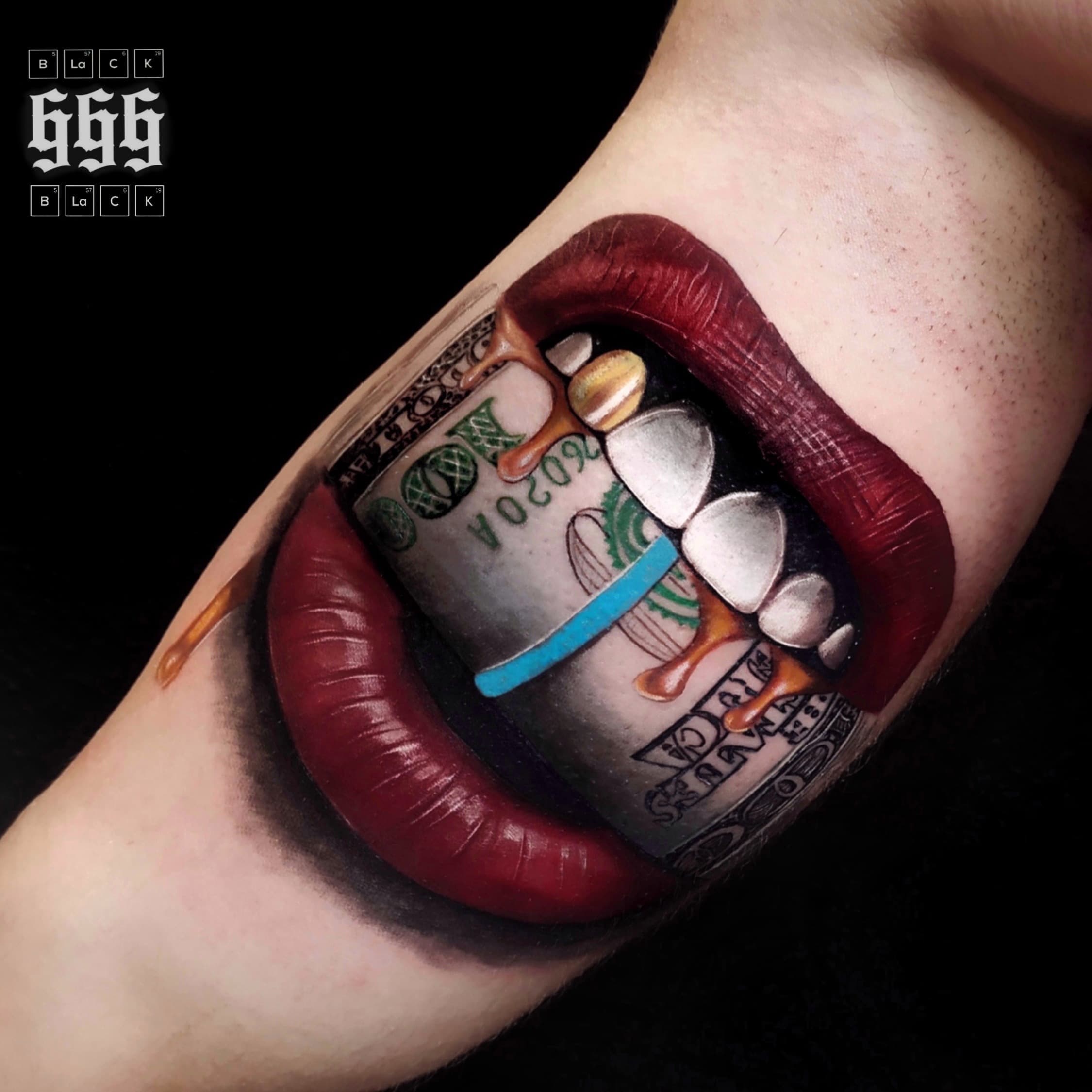 Hyper-realistic color tattoo of red lips biting a rolled hundred-dollar bill on an inner arm